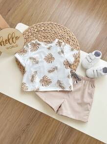 2 件套男婴/女婴夏季海滩度假可爱图案印花短袖 T 恤和纯色松紧腰短裤套装