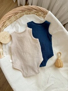 2pcs Newborn Baby Boys' Solid Color Sleeveless Romper With Half Button Placket, Round Neckline