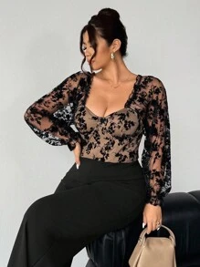 Firerie 加大码舒适休闲优雅度假百搭灯笼抽绳长袖连体裤，网眼，植绒拼接，带骨胸罩杯，紧身弹力，适合女式，春夏季 - 黑色 - 查看 1