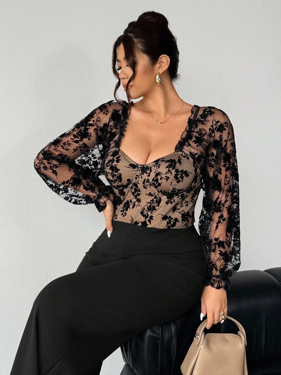 Firerie 加大码舒适休闲优雅度假百搭灯笼抽绳长袖连体裤，网眼，植绒拼接，带骨胸罩杯，紧身弹力，适合女式，春夏季 - 黑色 - 查看 1