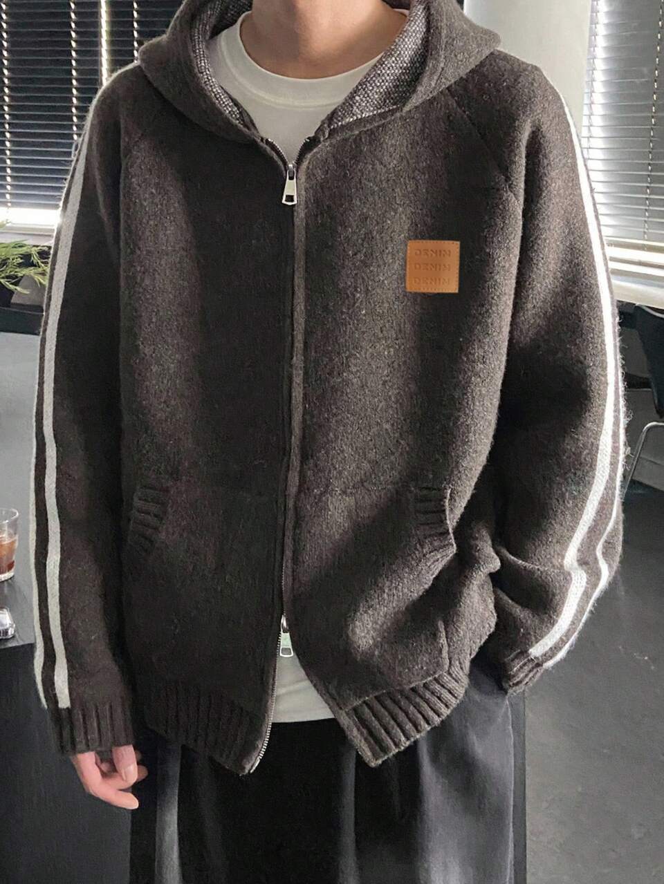 Men's Zip-Up Hoodie Cardigan With Brown Patch, Autumn Jacket
