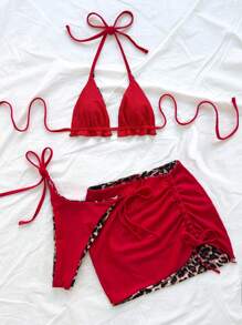 Soleia Plus Size Women's Reversible Leopard Print & Red Color Matching Bikini 3 PiecesBikini Set Set For Summer Beach Vacation Cheetah Print - Multicolor - View 6