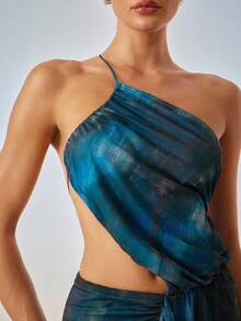 Hauture 性感夏夜度假派对蓝色抽象印花不对称单肩腰带迷你连衣裙 - 彩色 - 查看 4