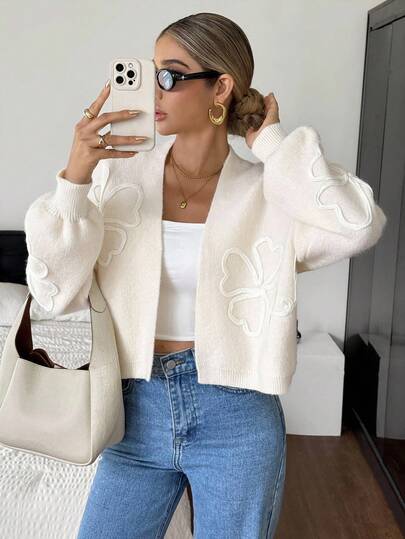 Siren Gaze Damen Winter Basic einfarbiger Casual Alltagstextur Strickjacke, kurze gestrickte Blumen Außenjacke mit Blumenmuster einfarbig, Langarm Strickjacke, einfach & modisch, Alltagskleidung, Damen einfarbige handgefertigte Blumenmuster Strickjacke, für den täglichen Gebrauch, Herbst, Rückkehr zur Schule, Lehrerin, Business Casual, Strickjacke Aprikose elegant für Ausgehen, Oberteile für Schule, Herbst, gemütlicher Herbst und Winter Casual