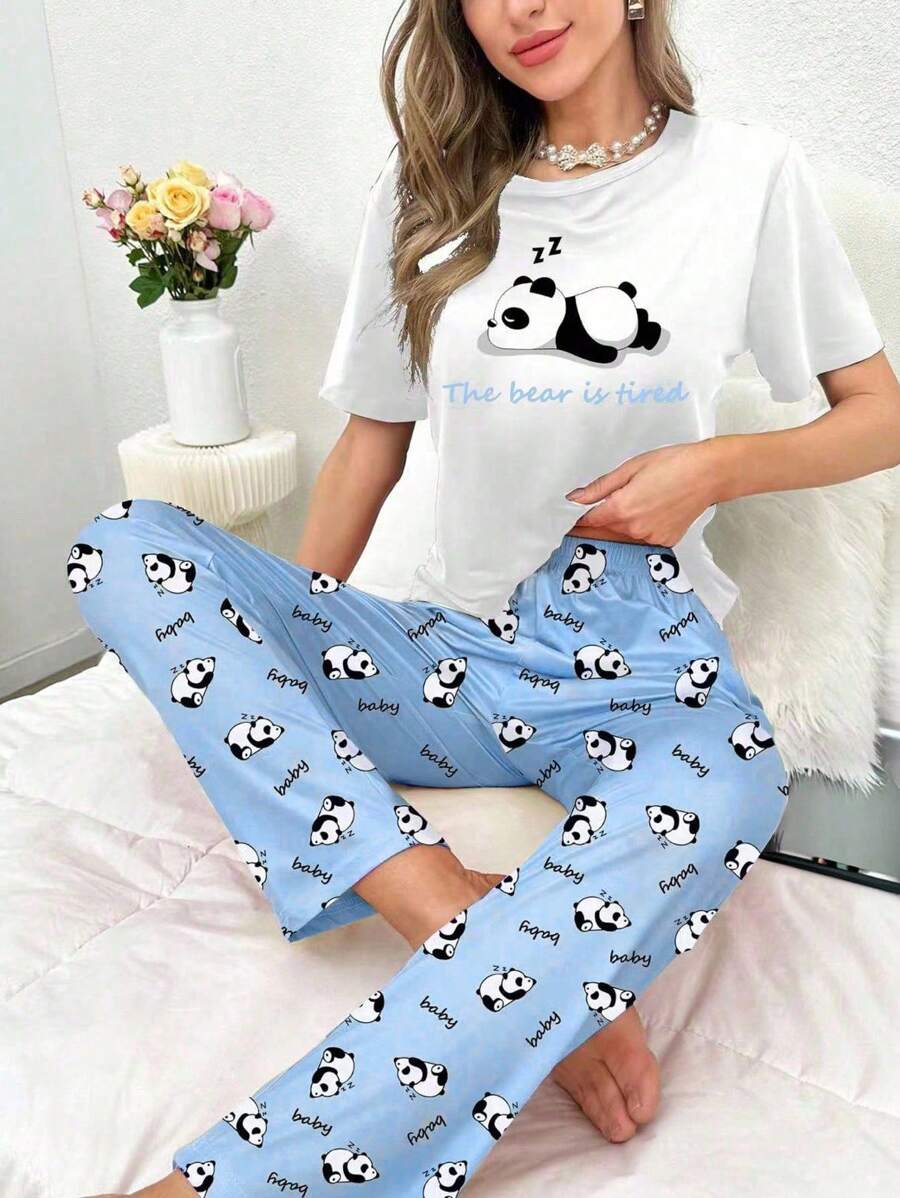 Panda & Slogan Graphic Tee & Pants PJ Set / Pajama Set - Multicolor - View 1