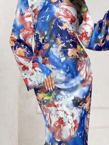 Veilorie 女士优雅扎染绿色印花喇叭袖连衣裙，系腰带和美人鱼下摆，长款缎面连衣裙 - 藍色 - 查看 7