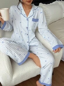 女士竖条纹爱心印花纽扣上衣和裤子睡衣套装，秋冬条纹睡衣爱心印花睡衣套装女士纽扣睡衣套装 - 淺藍色 - 查看 3
