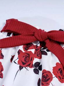 Elladie kids 2件套年轻女孩可爱不对称领口上衣，搭配大蝴蝶结和玫瑰裙