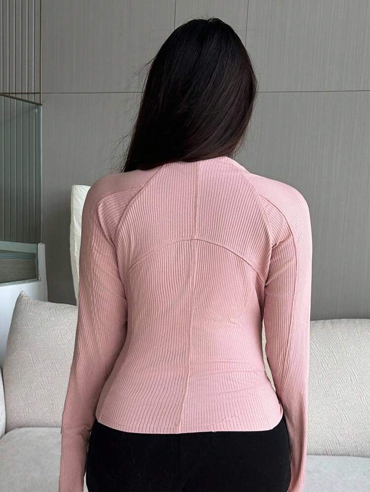 Dazy Plus Elastic Fitted Stand Collar Long Sleeve Cinched Waist Autumn Plus Size Women Pink Jacket