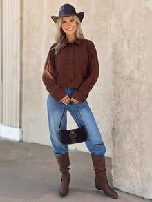 SHEIN LUNE Women Casual Fashion Versatile Commuting Minimalist Brown Button Up Shirt Christmas Business Western Wear Country Teacher In Fall/Winter - Brown - View 6