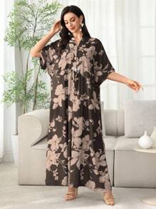 Al Najma 2025夏季新款阿拉伯风格女中袖碎花连衣裙，休闲度假时尚长款衬衫 - 咖啡棕 - 查看 7