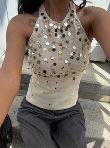 Siren Gaze 系带露背亮片针织上衣，亮片刺绣露背上衣，四季皆宜，Y2K 上衣，秋季女装 - 杏色 - 查看 5