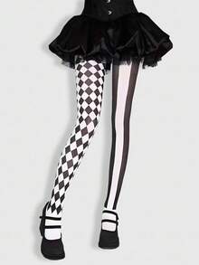 ROMWE Goth 1件装高弹力黑白格子不对称性感女士内裤/打底裤/紧身裤，适合体重80-130磅的女性 - 黑與白 - 查看 1