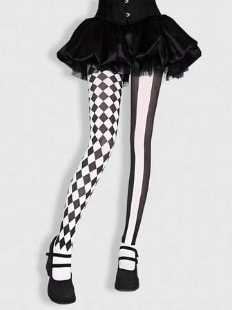 Goth 1 pezzo Mutande/Leggings/Collant asimmetrici sexy in tessuto elastico a quadri bianchi e neri, adatti per donne di peso compreso tra 36-59 kg