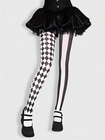 Goth 1 pezzo Mutande/Leggings/Collant asimmetrici sexy in tessuto elastico a quadri bianchi e neri, adatti per donne di peso compreso tra 36-59 kg