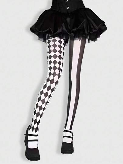 ROMWE Goth 1pc High Elasticity Black & White Plaid Asymmetric Sexy Women Panties/Leggings/Tights, Suitable For Women 80-130 Lbs