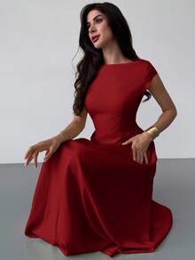 Firerie 女士优雅日常时尚新款度假喇叭腰 A 字中长连衣裙，黄色 - 酒紅色 - 查看 6