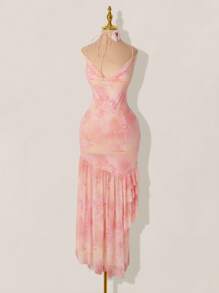 Sweetina 优雅甜美的粉色美人鱼裙，复古细肩带雪纺串珠长礼服，适合舞会和派对 - 粉色 - 查看 5