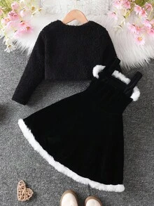 SHEIN 2件套女童圣诞毛绒外套和连衣裙，黑色两件套连衣裙套装，黑色毛边连衣裙，黑色毛绒背心套装，冬季连衣裙套装，两件套女童礼服套装 - 黑色 - 查看 2