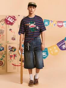Paul Frank X SHEIN Men's Striped & Cartoon Graphic Round Neck Short Sleeve T-Shirt
