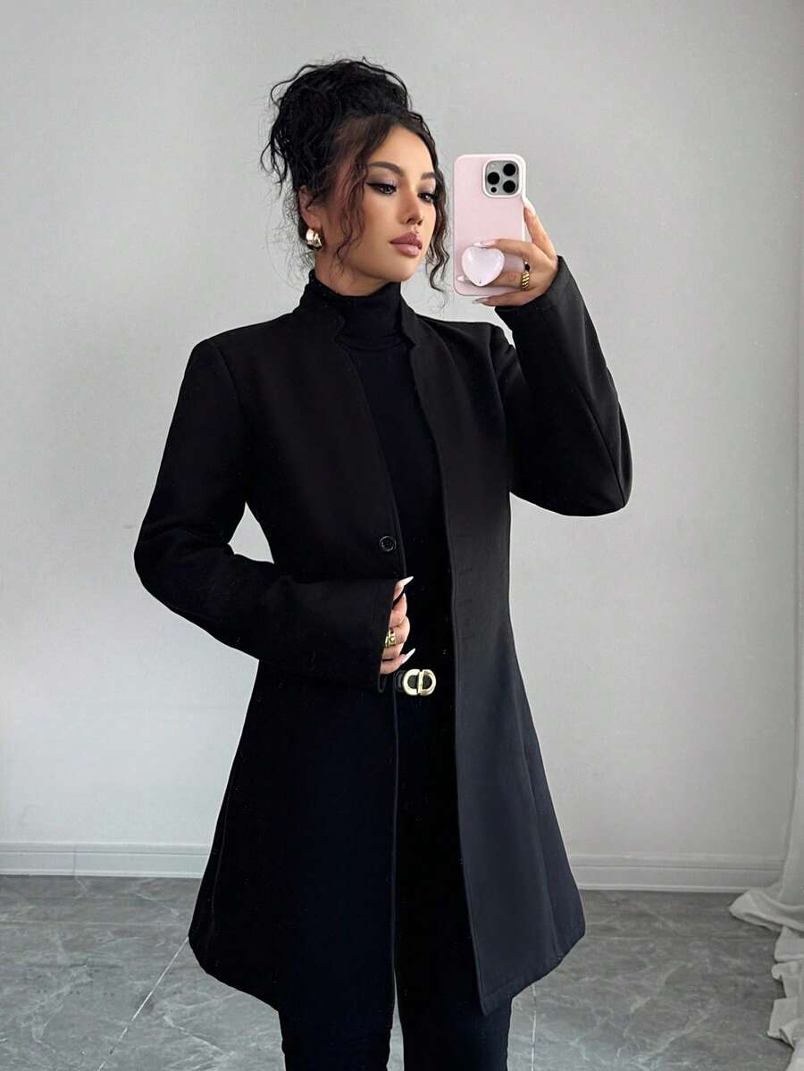 SHEIN Tall 女士休闲立领羊毛混纺修身夹克 - 黑色 - 查看 1