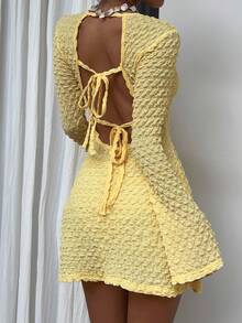 Sunnyshic Women's Vacation Casual Solid Color Textured Tie-Back Sleeveless Dress Yellow Dress Fall Cloth For Women - Yellow - View 1