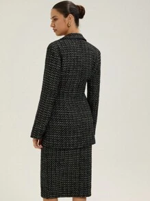 Aveloria Rosie Schwarzer & weißer Tweed Strass & Perlen Dekor Taillenanzug Set mit Taillengürtel für Pendlerinnen, elegant für Frauen