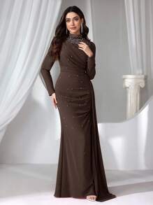 Coutiva 女式立领长款晚礼服 - 咖啡棕 - 查看 4