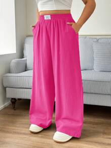 SHEIN EZwear New Plus Size Casual Fuchsia Pink Versatile Pants,Holiday - Hot Pink - View 5
