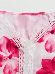 SHEIN LUNE 度假休闲花卉印花拼接蕾丝吊带背心上衣图案T恤女式上衣 - 紅色 - 查看 3