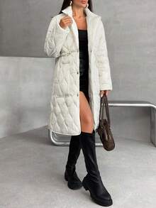 EURMUSE Women's Solid Waist Drawstring Quilted Patched Pocket Loose Fit Midi Winter Coat - White - View 3