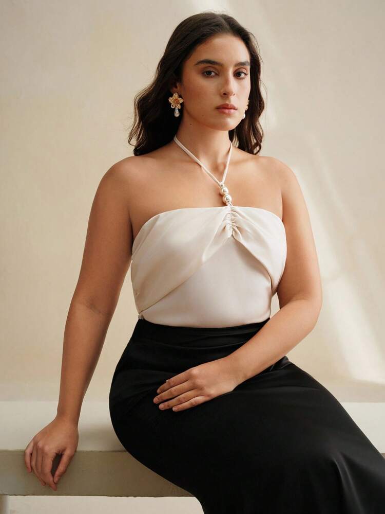 Pearl Decor Silk Pleated Casual Summer Tank Top,Plus Size