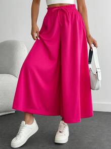 EURMUSE Casual Versatile Solid Color High Waist Wide Leg Pants - Pink - View 1