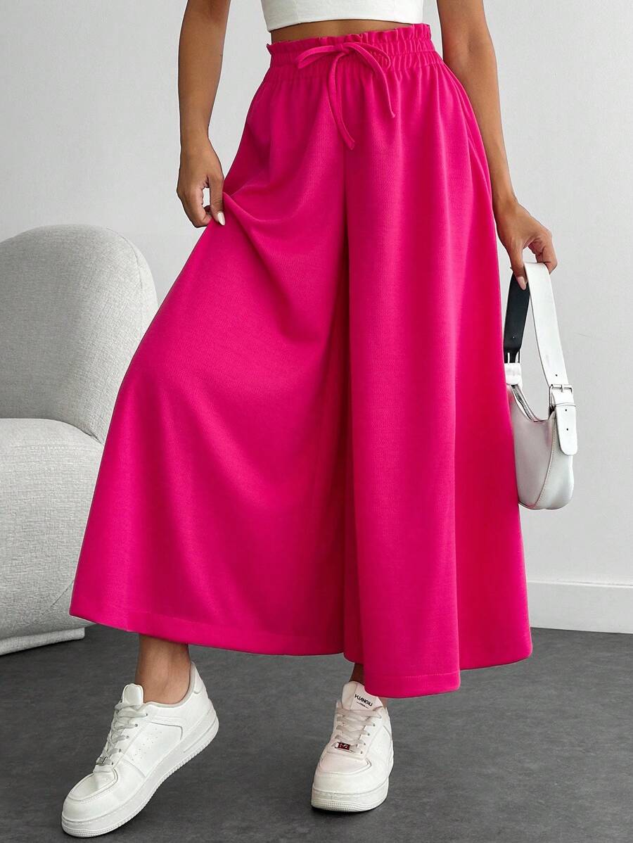 EURMUSE Casual Versatile Solid Color High Waist Wide Leg Pants - Pink - View 1