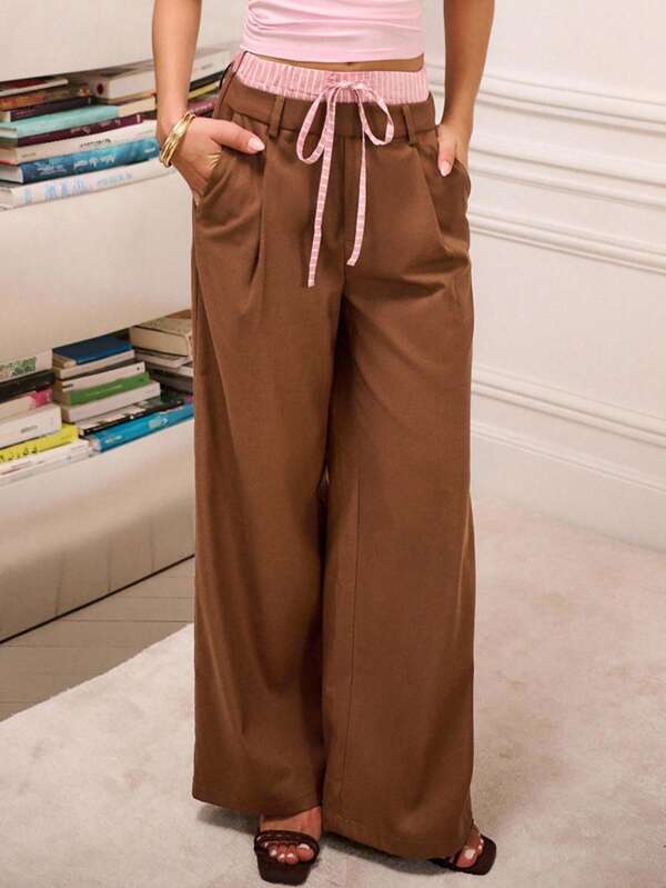 lacRébo Brown Wide-Leg Trousers With Layered Look And Contrast Striped Waistband Going Out Back To School Spring Summer