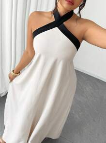 Elenzga Plus Size Elegant Sexy Backless Halter Colorblock Dress, Summer - Beige - View 7