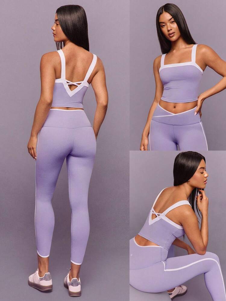 FeatherFit™ Retro Glow Soft Stretchy Sweat-Wicking Removable Cups Deep V-Back Two-Tone Cropped Tank Top Low-Impact Yoga Pilates Barre Gym Studio Daily Casual Wear  Spring Summer