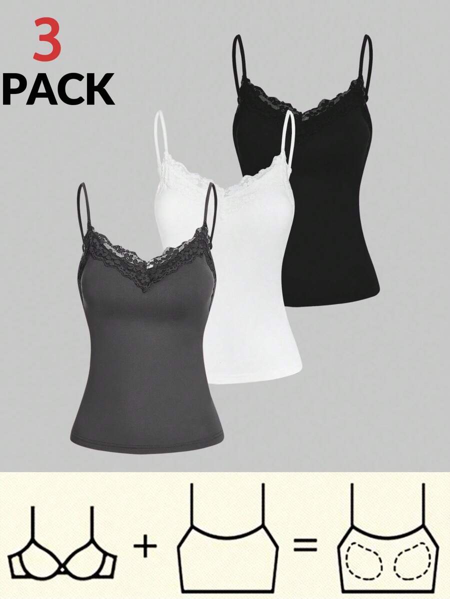 SHEIN Essnce Áo ba lỗ ren chắp vá thường ngày cho nữ 3 món/bộ cho kỳ nghỉ hè - Màu xám đen - Xem 1