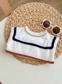 SHEIN Newborn Baby Boy/Girl Cute Versatile White Knitted Striped Long Sleeve Sweater, Autumn/Winter