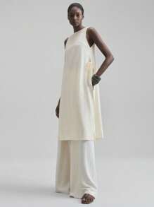 Ontre Áo midi cổ tròn không tay bằng vải lanh pha len dành cho nữ, xẻ cao, dáng rộng, thời trang, thích hợp mặc vào mùa xuân/hè, mặc hàng ngày, màu mơ - Màu be - Xem 6