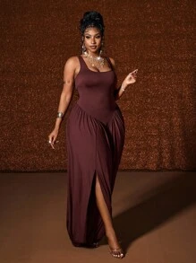 Maweii Plus Size Women's Solid Color Square Neck Ruched Slit Hem Casual Sleeveless Dress - Brown - View 4