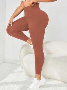 SHEIN Sports 大码无缝合身运动紧身裤 - 紅木色 - 查看 4