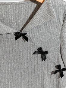 SHEIN LUNE 大码女式休闲不对称蝴蝶结装饰T恤，夏季优雅蝴蝶结装饰外出翻领短袖修身不对称下摆经典优雅T恤 - 灰色 - 查看 5