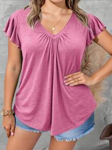 INAWLY Solva Áo thun tay lỡ cổ chữ V màu trơn thường ngày cho nữ cỡ lớn - Màu be - Xem 1