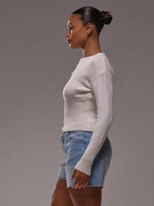 MUSERA 罗纹针织修身长袖开衫，纽扣设计，可爱夏日度假时尚款 - 奶油色 - 查看 4