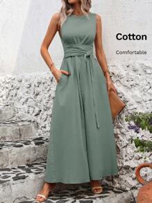 SHEIN Clasi Summer Casual Solid Color Cinched Waist Sleeveless Dress