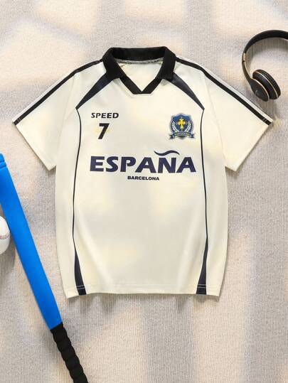 超大码男童休闲 V 领条纹数字和字母印花短袖 T 恤，宽松舒适，适合日常穿着、通勤、户外、运动、学校、街头服饰、派对、摄影 - 适合秋季、春季、夏季