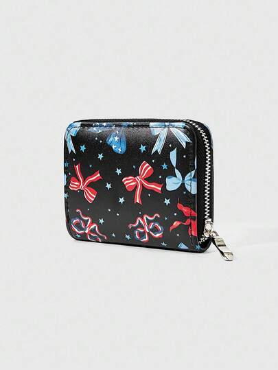 Grunge Punk 1 pièce Portefeuille court coloré avec motif nœud, étoile et rayures, porte-monnaie à fermeture éclair minimaliste pour femmes