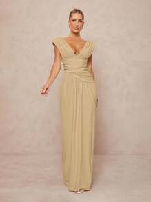 Lumalex Váy thời trang gợi cảm cổ chữ V sâu màu trơn dành cho nữ - Màu Khaki - Xem 4