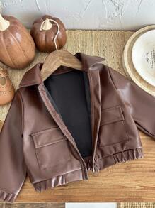 SHEIN 男婴幼儿新生儿 0-3 岁休闲日常时尚街头 PU 皮革摩托车夹克，适合男婴的酷炫外套，秋冬 - 棕色 - 查看 4